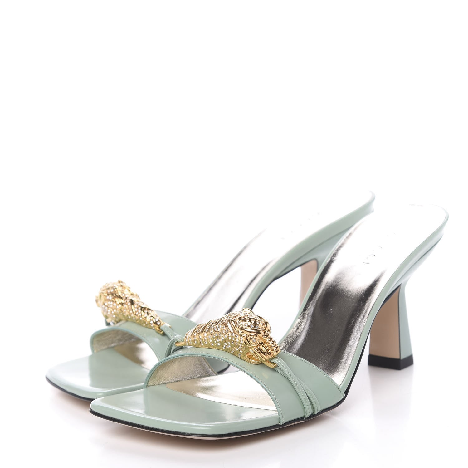 Gucci Nappa Dora Tiger Head Mid Heel Slide Sandals 37 Aqua Green 3 of 10