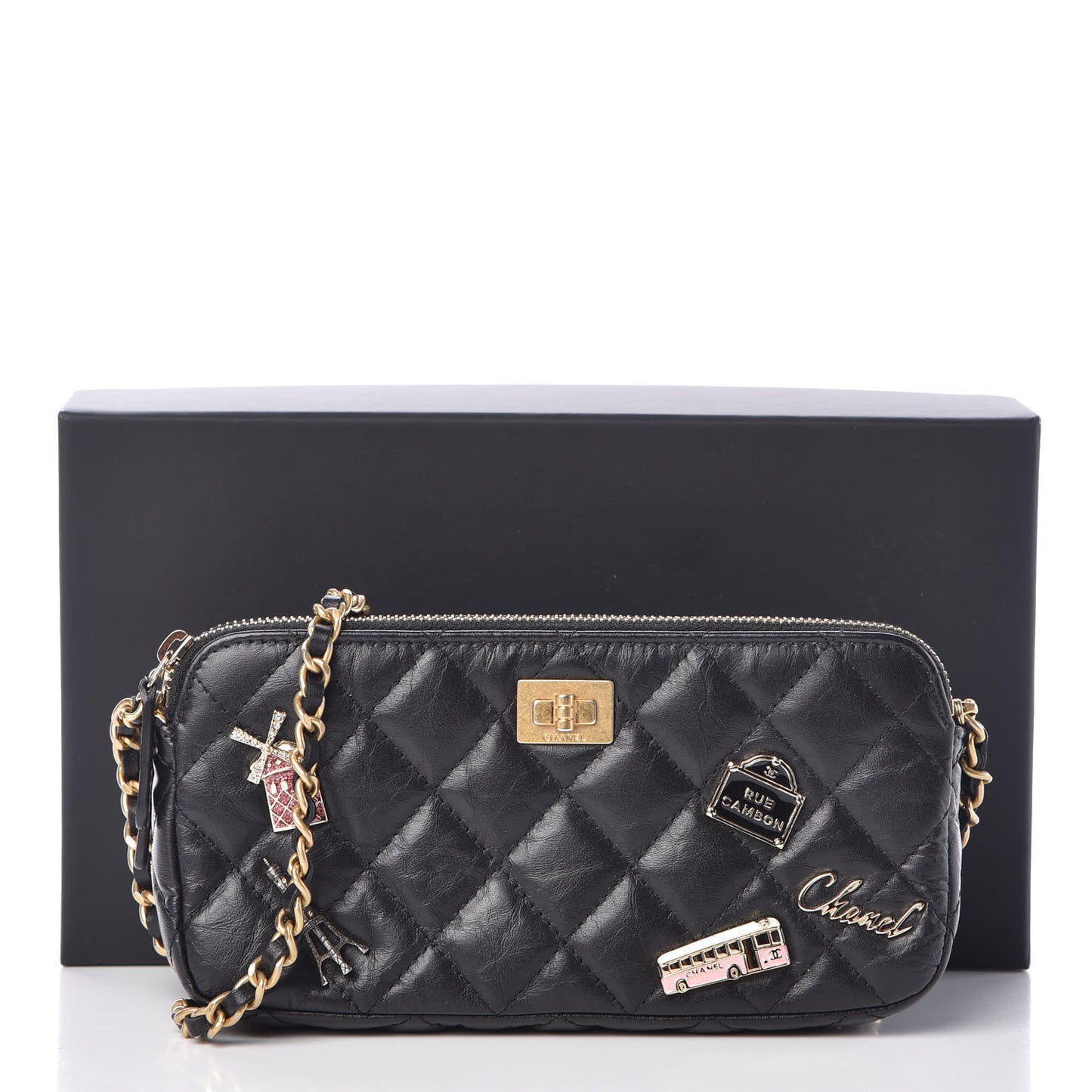 Aged Calfskin Lucky Charms 2.55 Reissue Small Clutch With Chain Black