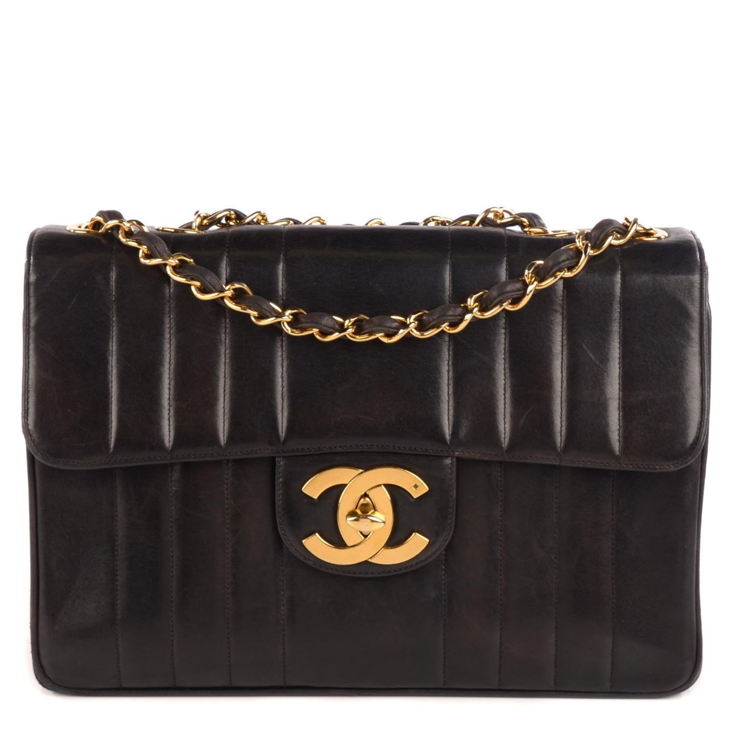 Lambskin Vertical Quilt Jumbo Flap Black