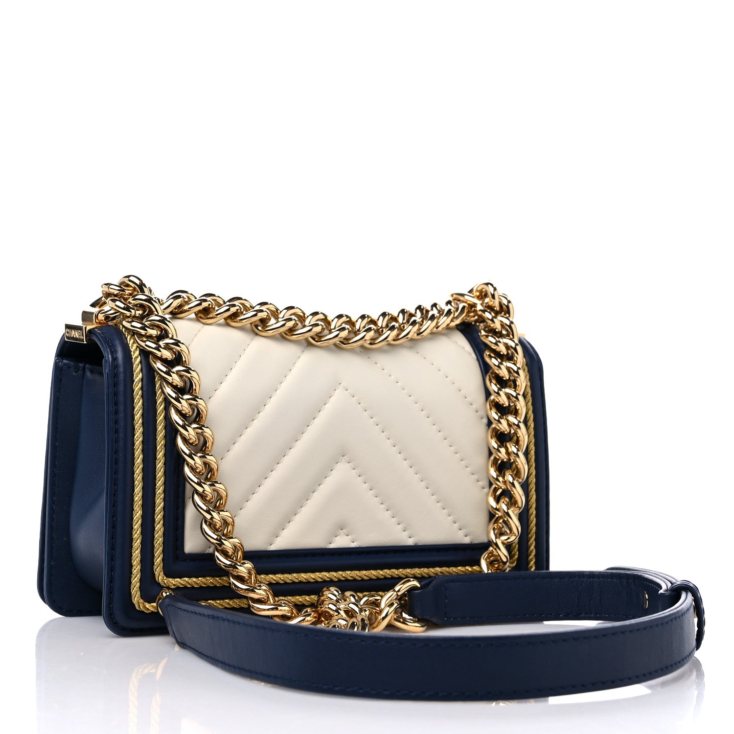 Chanel Calfskin Chevron Quilted Braided Small Boy Flap White Navy 3 of 11