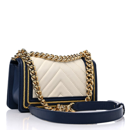 Chanel Calfskin Chevron Quilted Braided Small Boy Flap White Navy 3 of 11