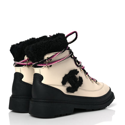 Chanel Calfskin Shearling CC Lace Up Boots 38.5 Black White 4 of 7