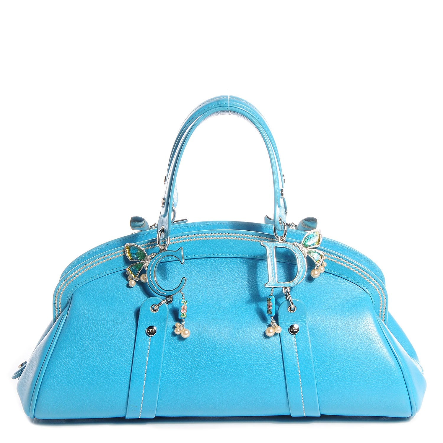 Christian Dior Calfskin Butterfly Pearls Frame Satchel Blue 1 of 12