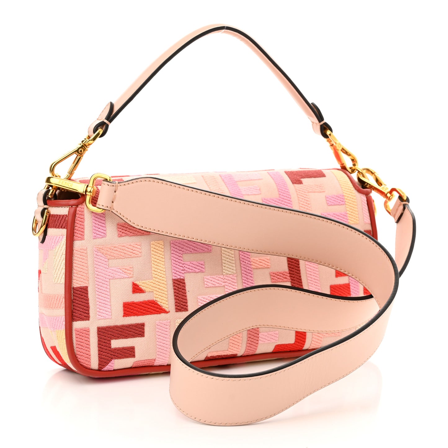 Canvas Vitello King FF Embroidered Baguette Rosa Quarzo Bloody Mary Multicolor