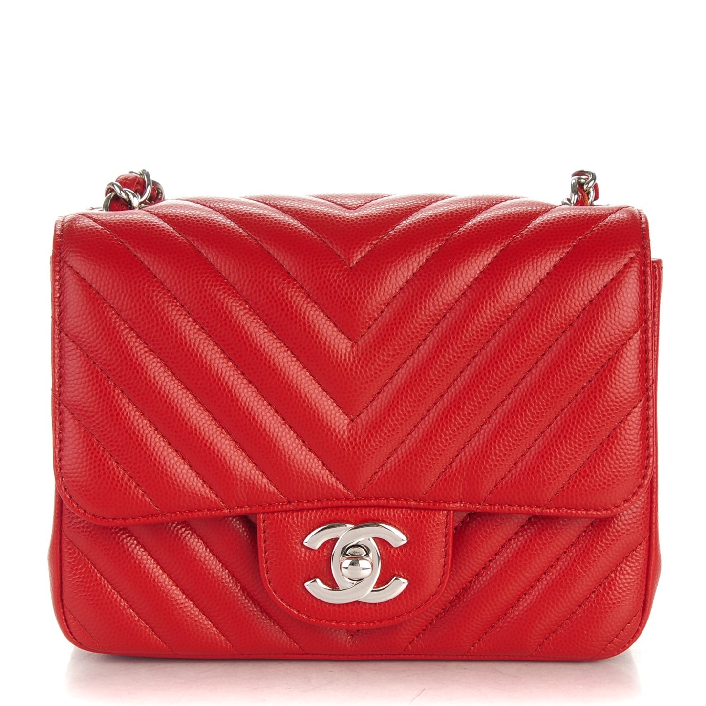 Caviar Chevron Quilted Mini Square Flap Dark Red