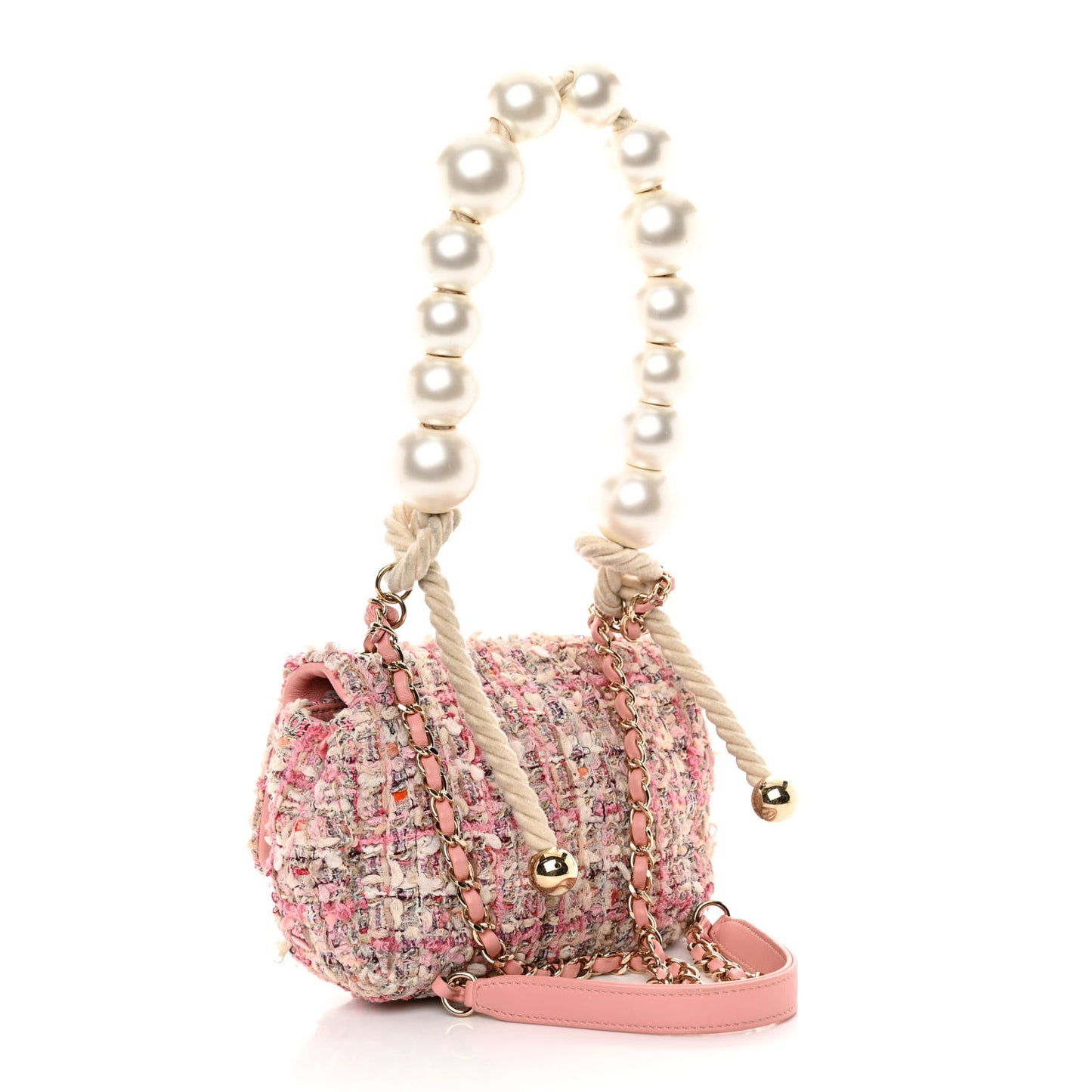 Tweed Mini Pearl Handle Flap Pink Beige Orange Ecru