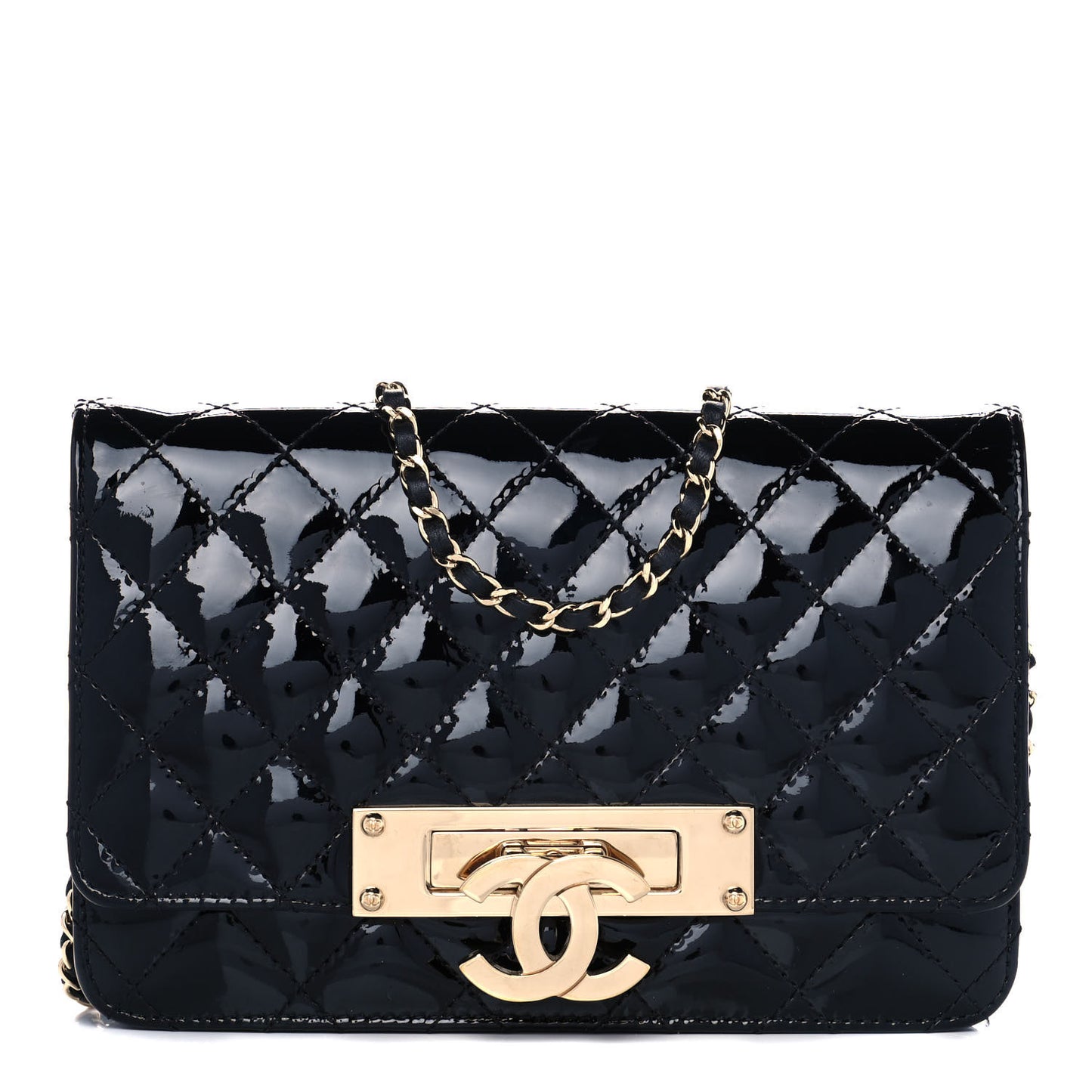 Patent Quilted Golden Class Wallet on Chain WOC Black