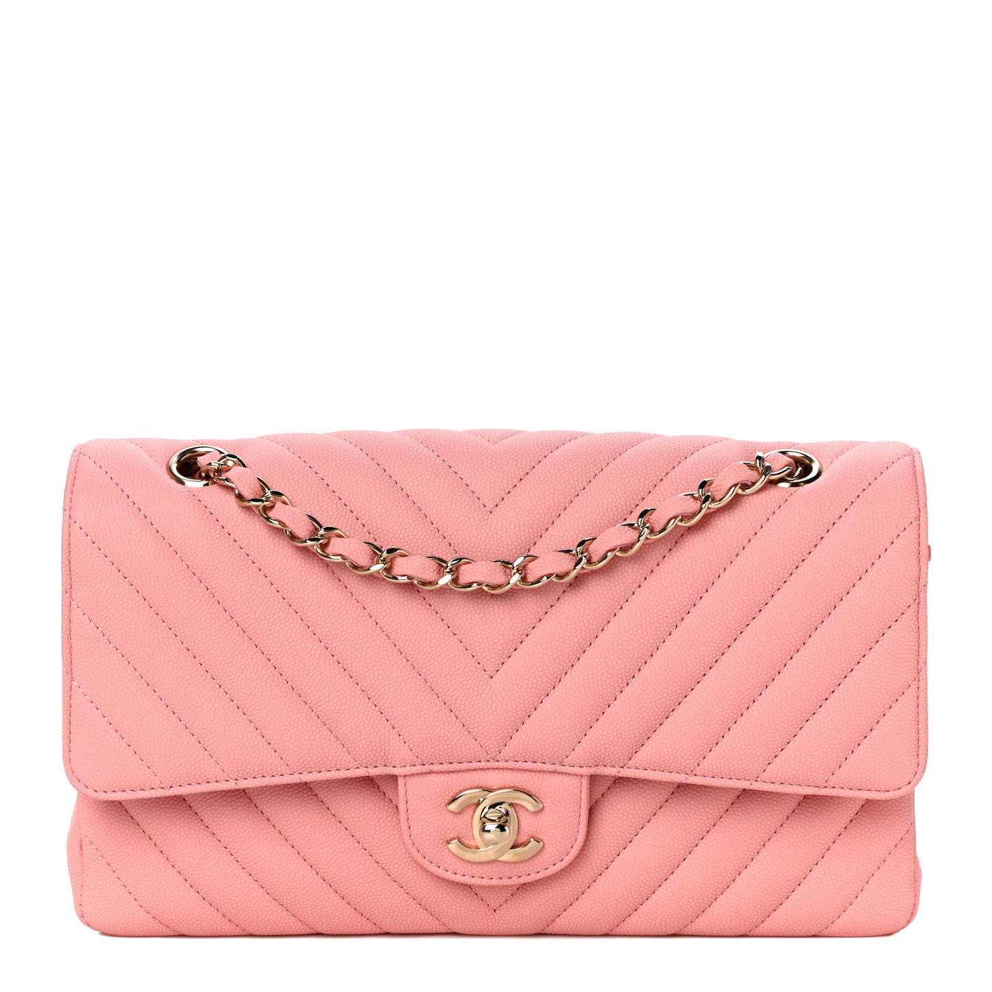 Caviar Flat Chevron Quilted Medium Double Flap Pink