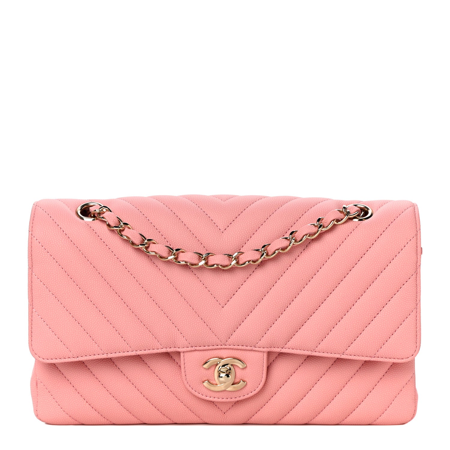 Chanel Caviar Flat Chevron Quilted Medium Double Flap Pink 1 of 12