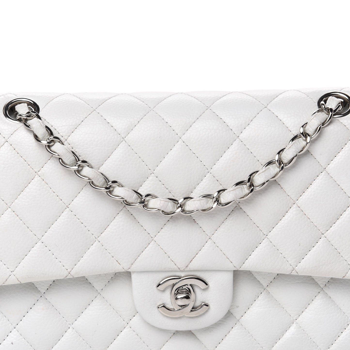 Caviar Quilted Medium Double Flap White
