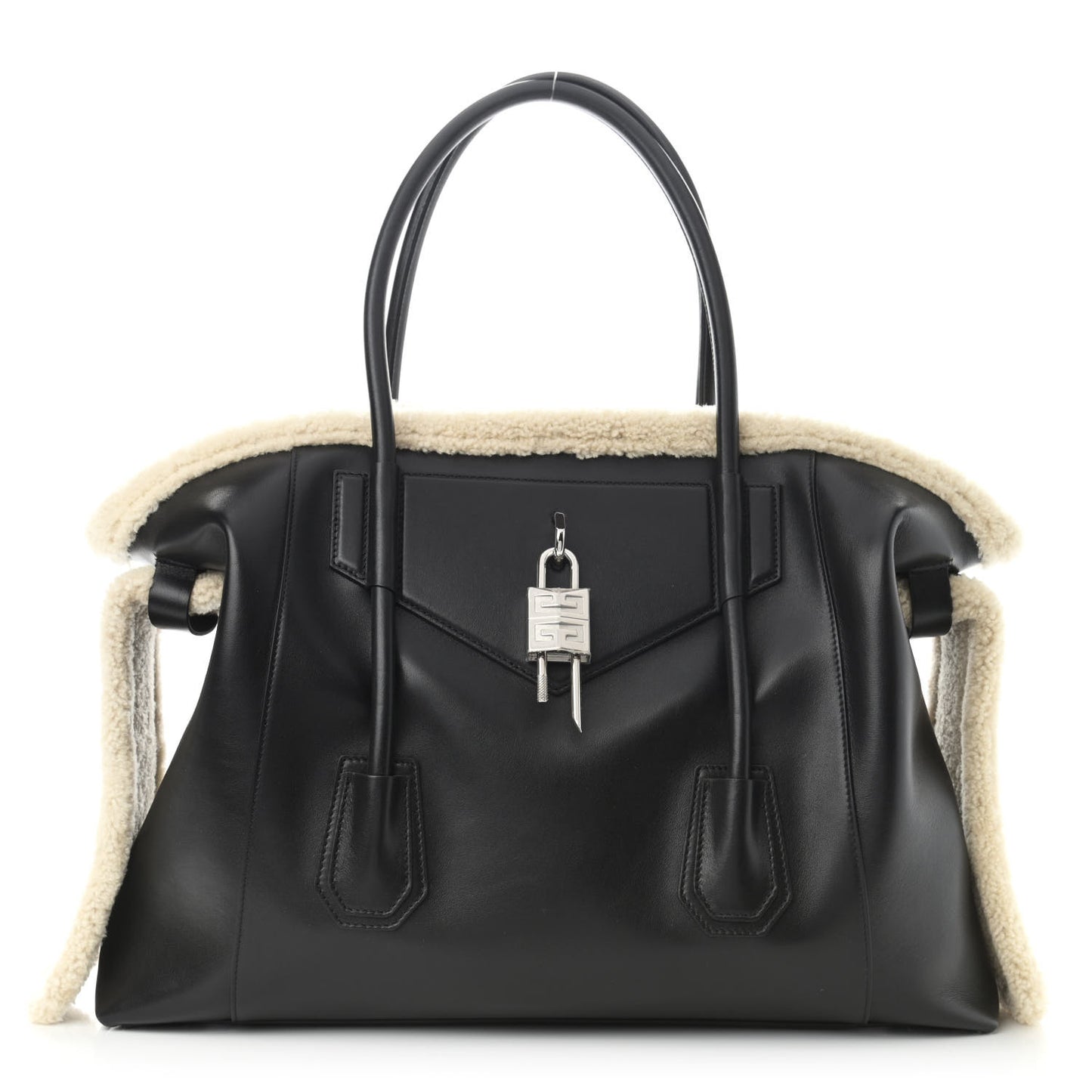 Shearling Calfskin Medium Soft Lock Antigona Shoulder Bag Black Natural