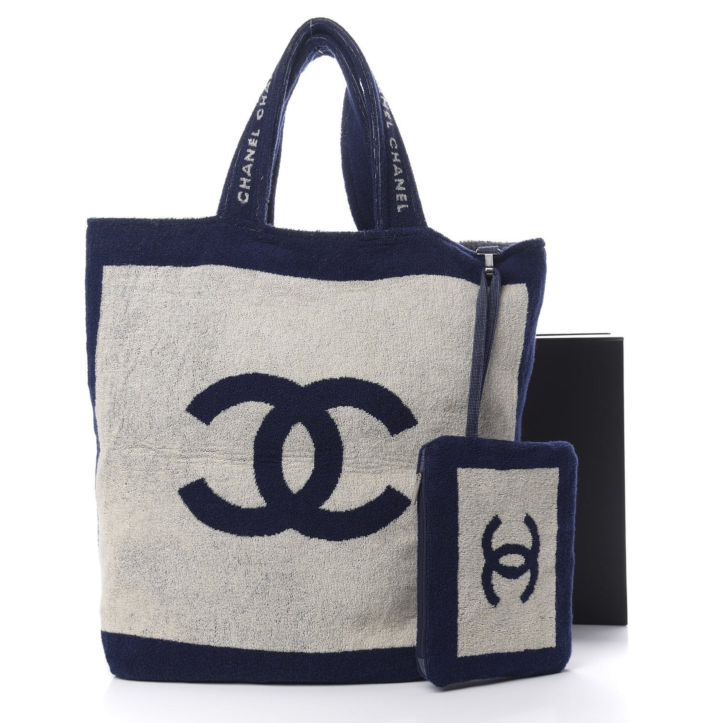 Terry Cotton CC Beach Tote Towel Set Navy Blue Beige