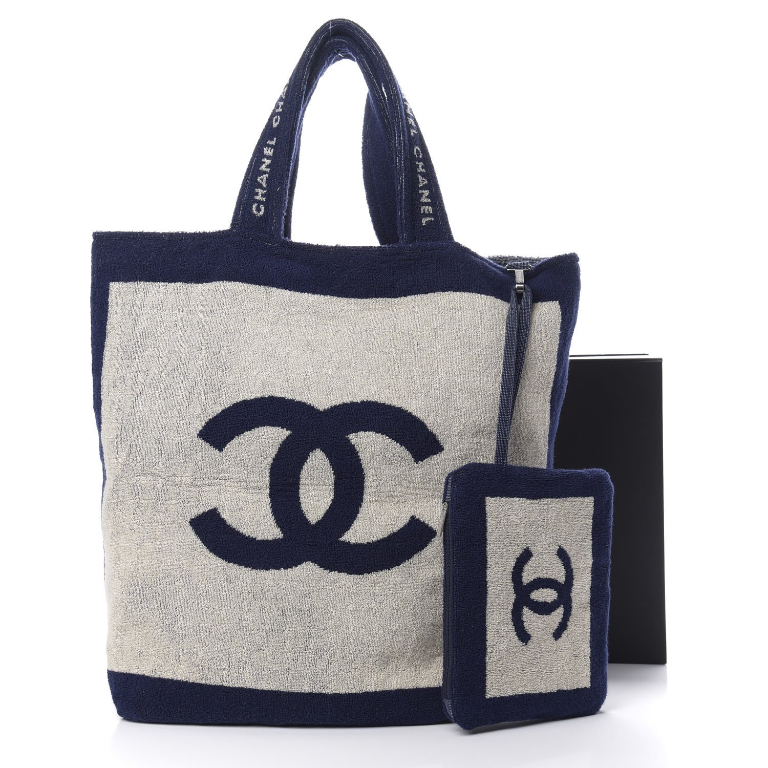 Chanel Terry Cotton CC Beach Tote Towel Set Navy Blue Beige 15 of 15