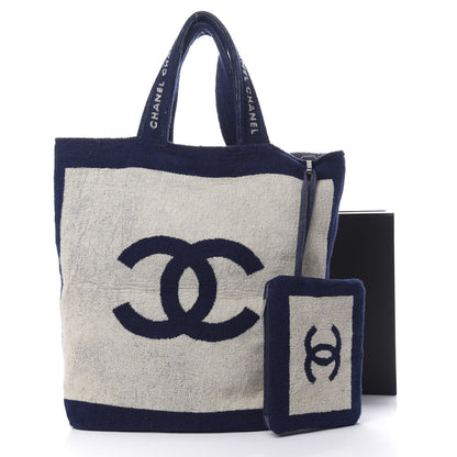 Chanel Terry Cotton CC Beach Tote Towel Set Navy Blue Beige 15 of 15