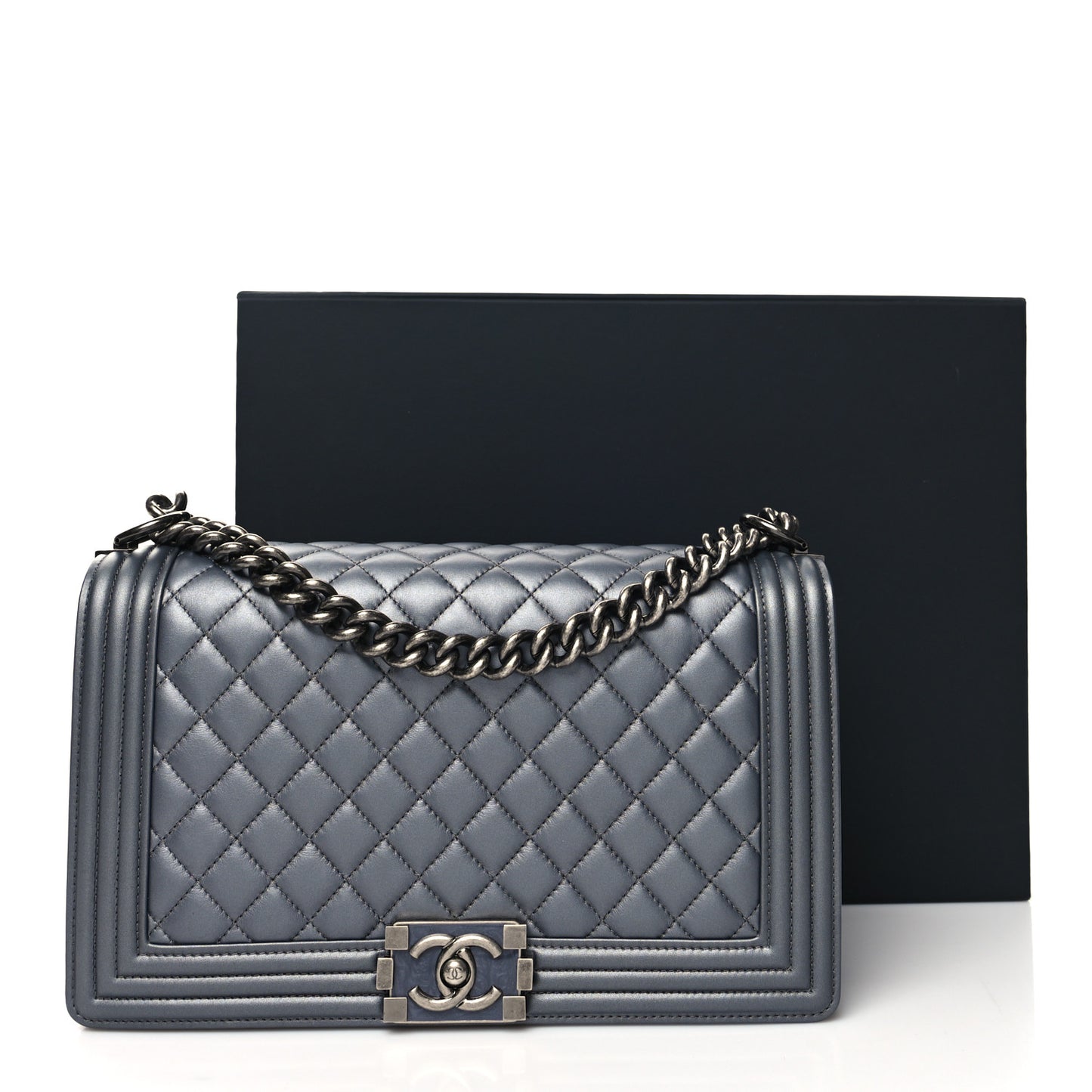 Metallic Calfskin Quilted New Medium Boy Flap Dark Silver