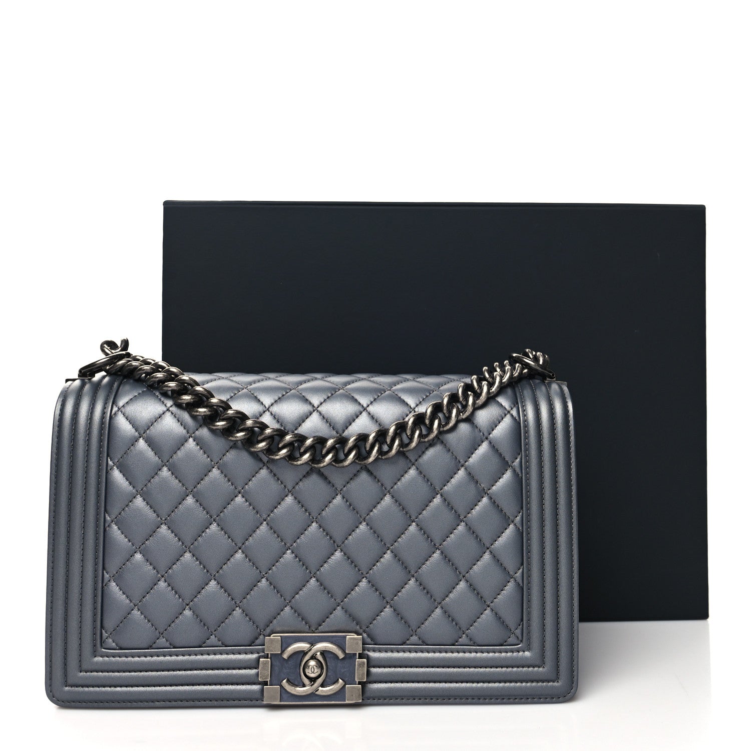 Chanel Metallic Calfskin Quilted New Medium Boy Flap Dark Silver 11 of 11