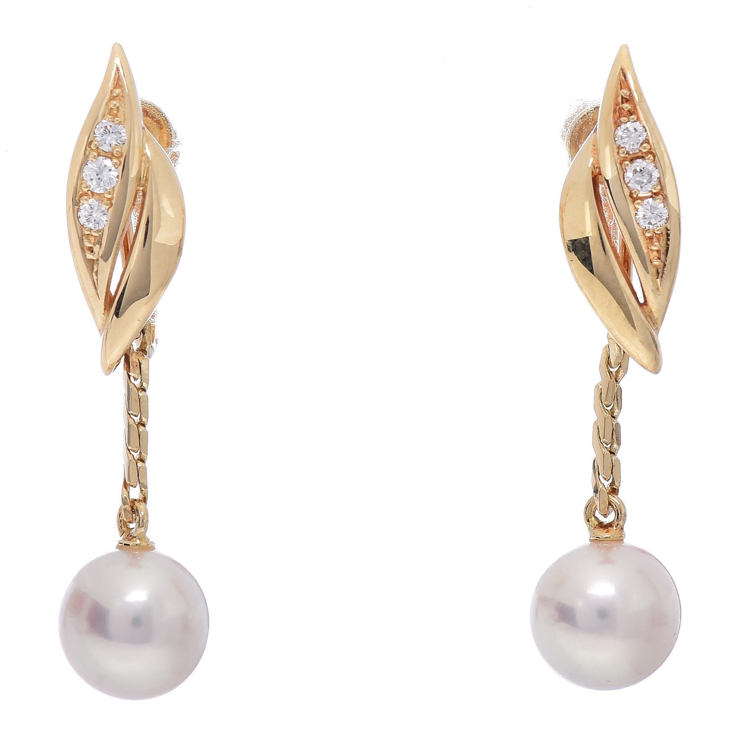 18K Yellow Gold Diamond Akoya Pearl 7mm Leaf Drop Earrings