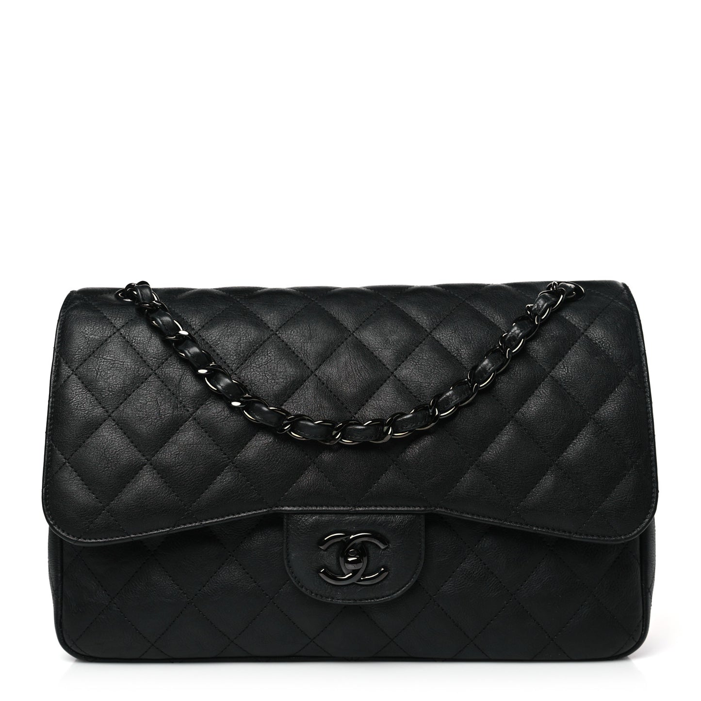 Crumpled Calfskin Quilted Jumbo Double Flap So Black