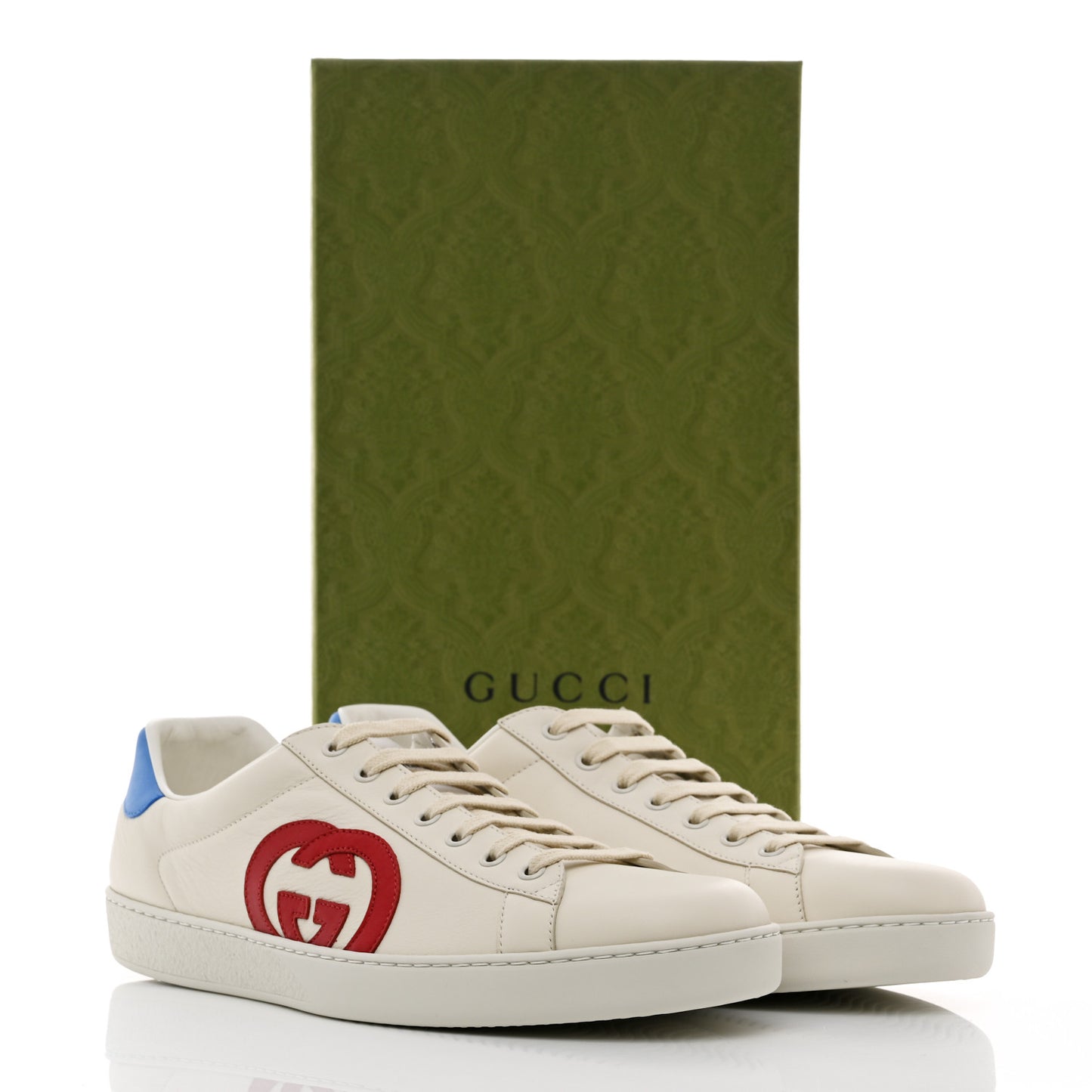 Calfskin Nubuck Interlocking G Mens New Ace Sneakers 11.5 New Mystic White Hibiscus Red Bright Splash