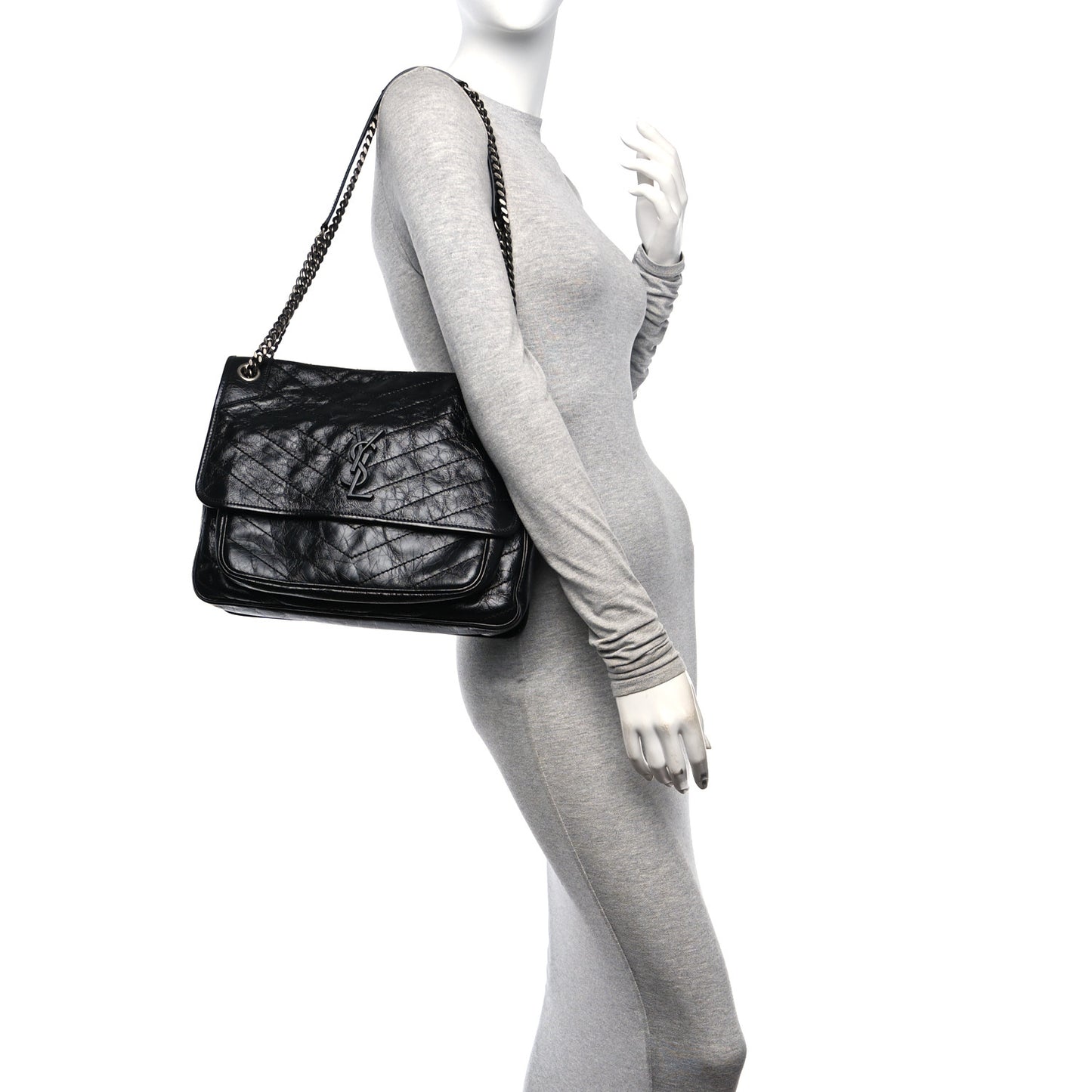 Crinkled Calfskin Matelasse Monogram Large Niki Chain Satchel  Black