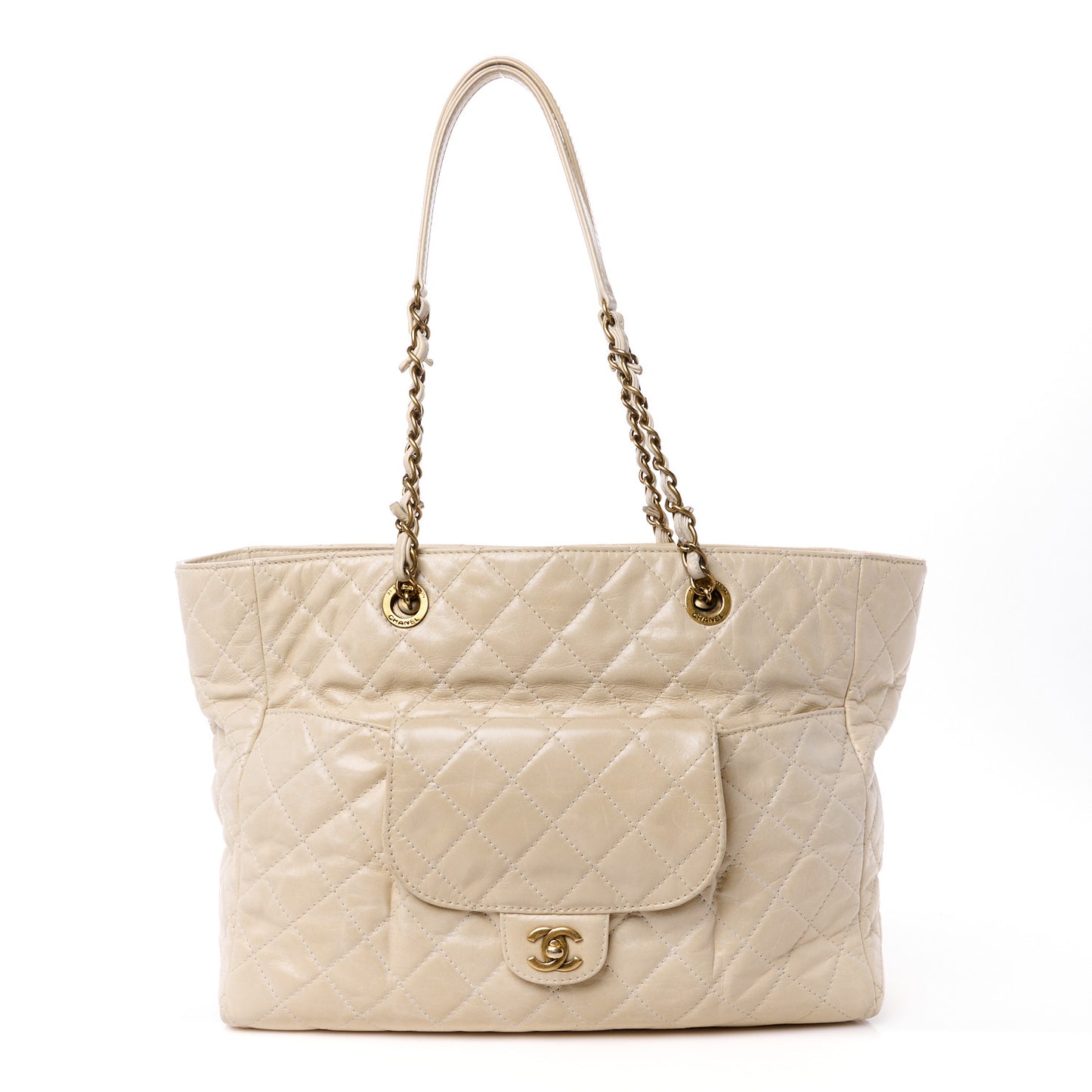 Glazed Calfskin Quilted Large Front Pocket Tote Beige