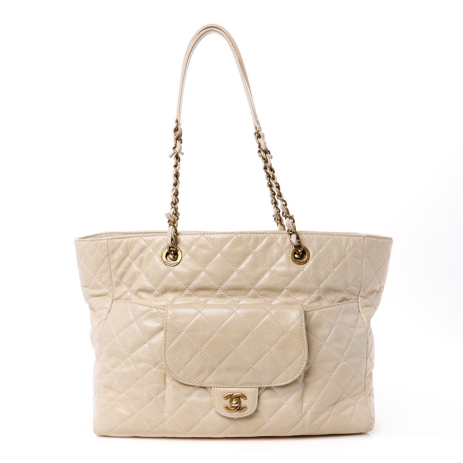 Chanel Glazed Calfskin Quilted Large Front Pocket Tote Beige 1 of 14