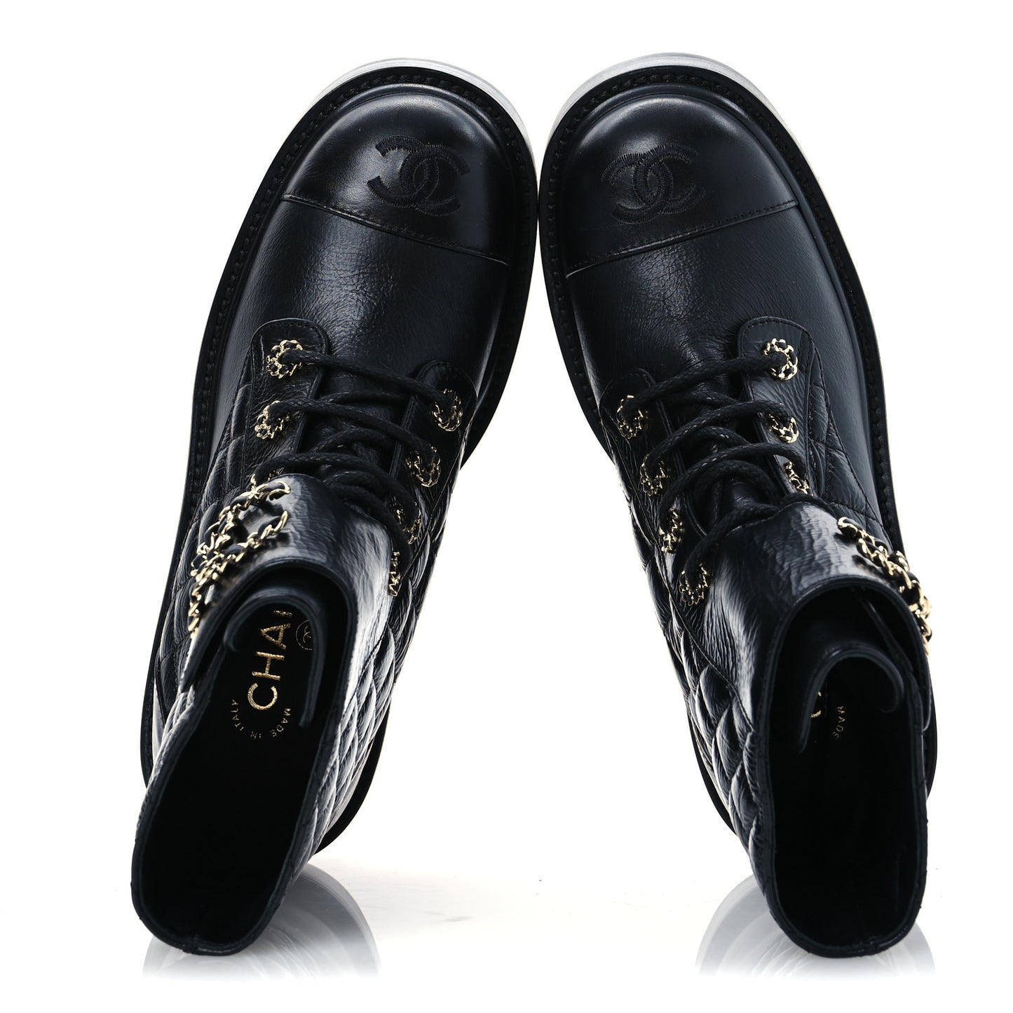 Shiny Calfskin Quilted Lace Up Combat Boots 37 Black