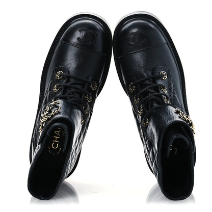 Chanel Shiny Calfskin Quilted Lace Up Combat Boots 37 Black 2 of 9