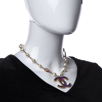 Chanel Iridescent Enamel Pearl CC Short Necklace Pink Gold 2 of 5
