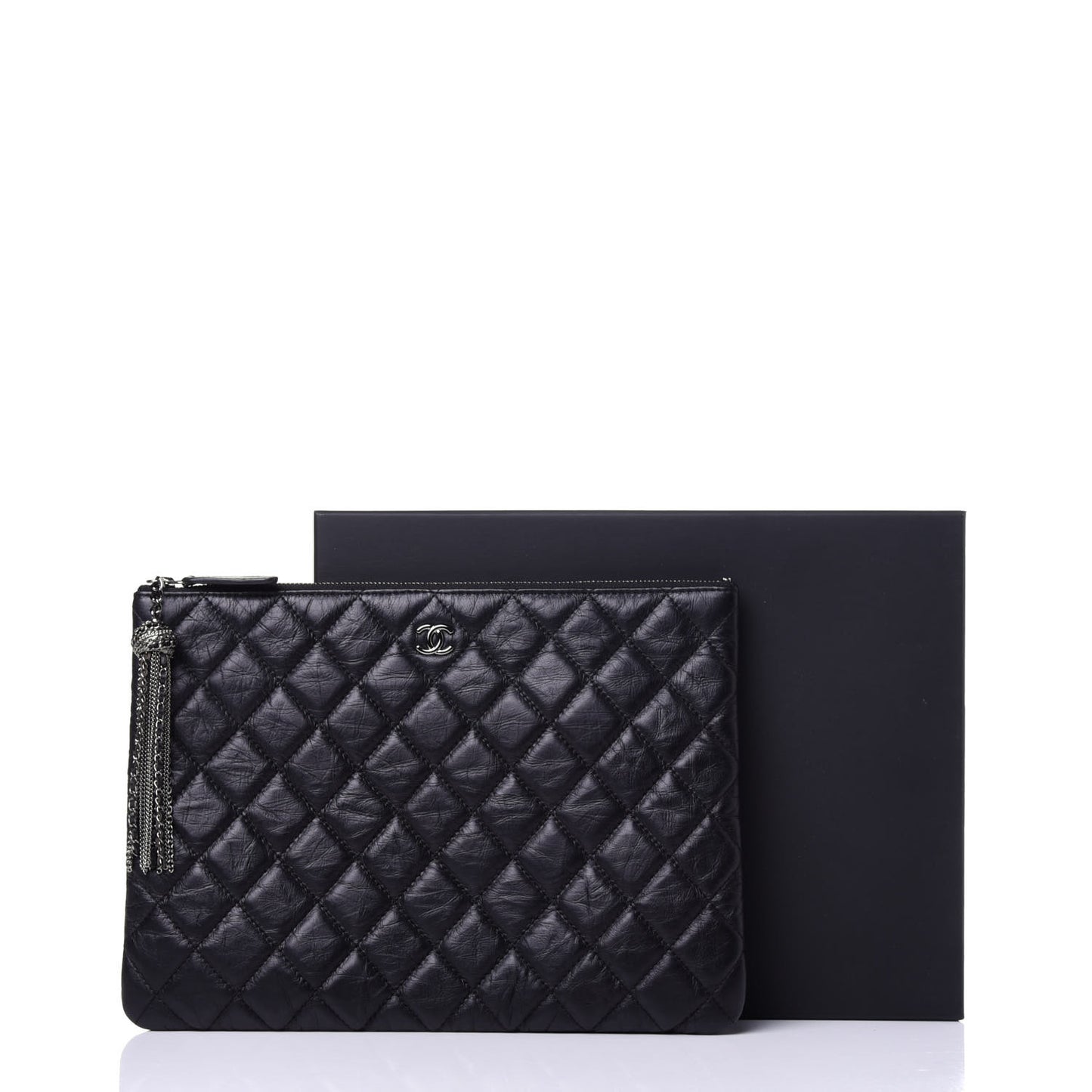 Aged Calfskin Quilted Medium Tassel Cosmetic Case Black