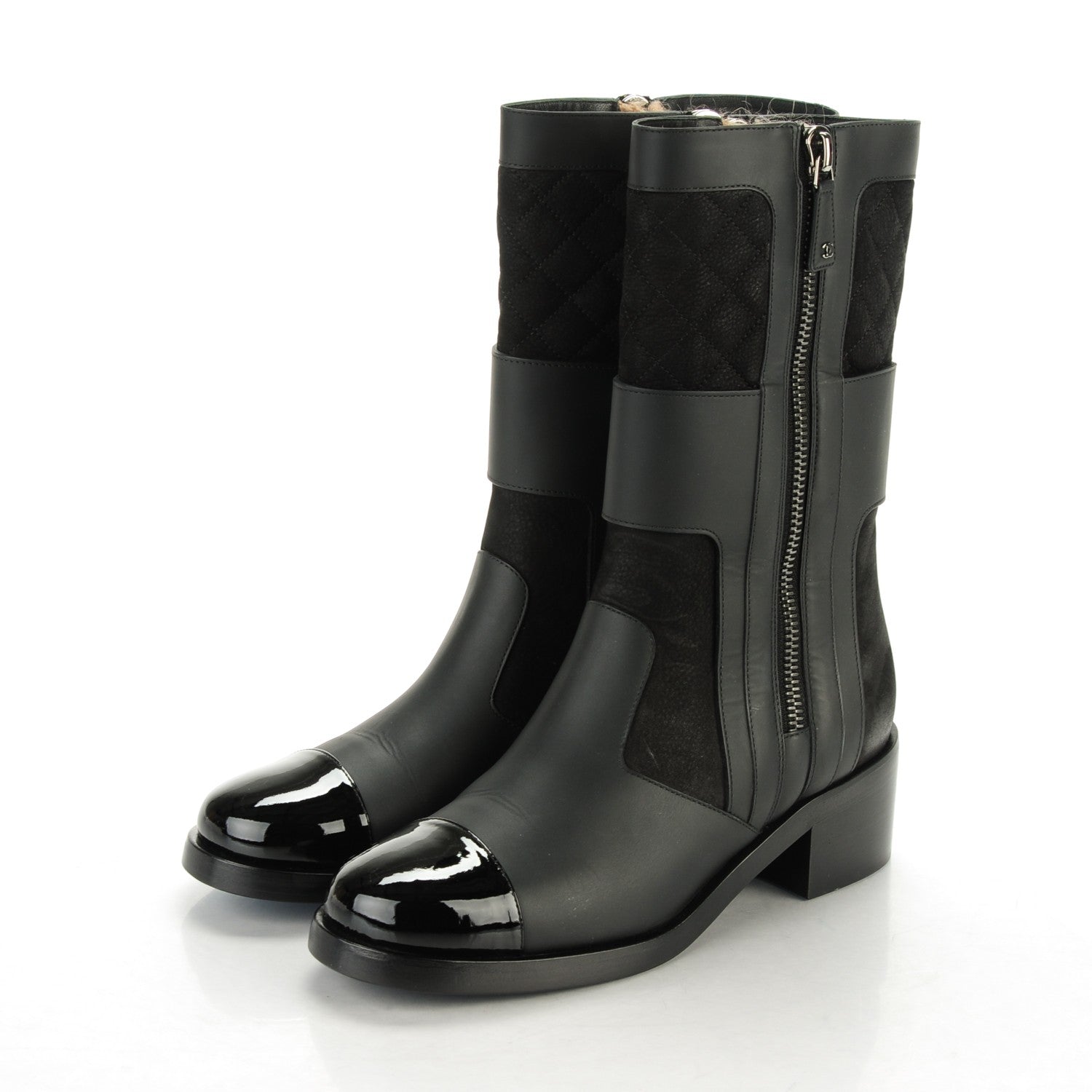 Chanel Calfskin Quilted Patent Cap Toe Boots 40 Black 3 of 8
