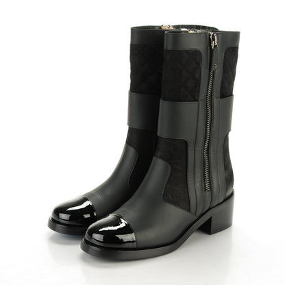 Chanel Calfskin Quilted Patent Cap Toe Boots 40 Black 3 of 8