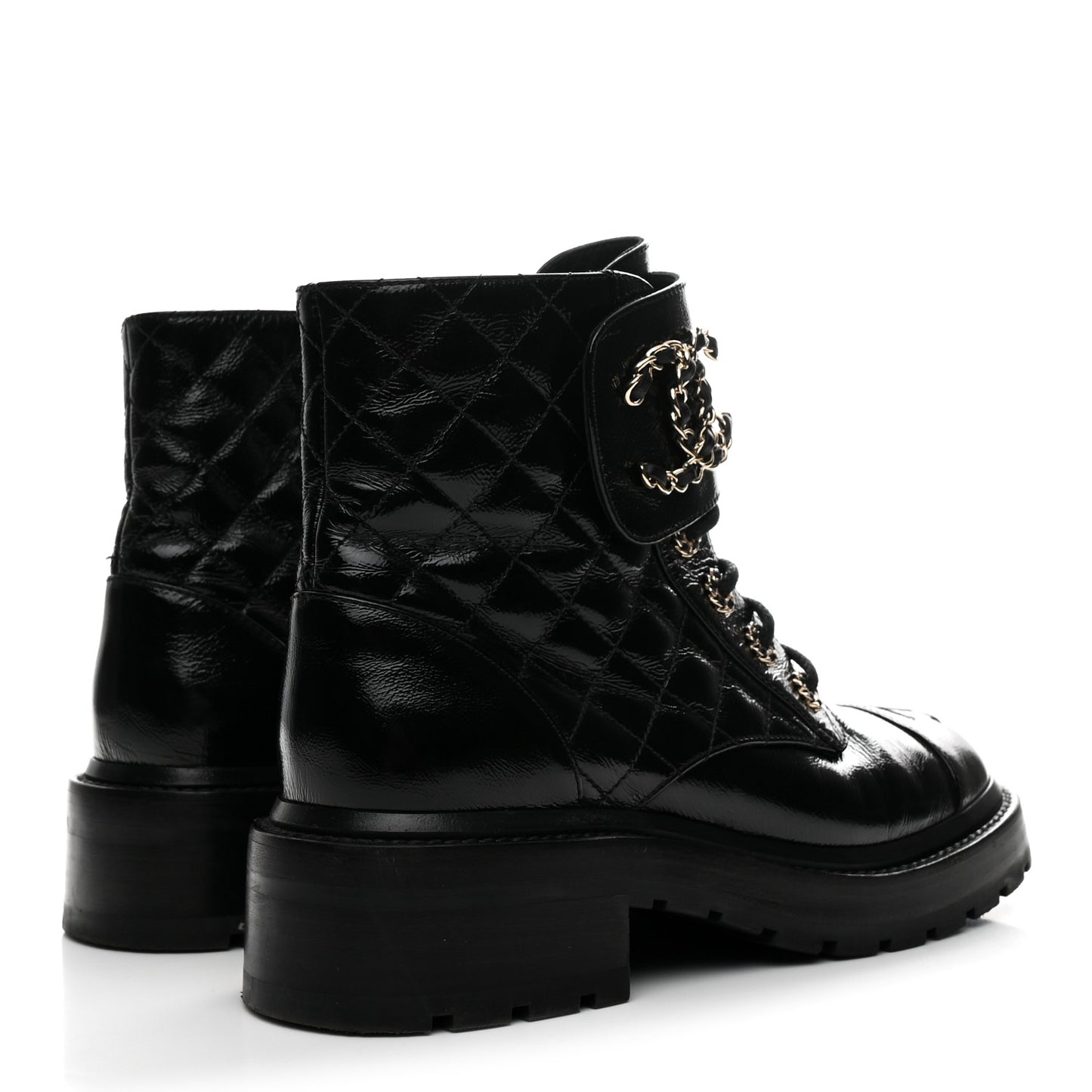 Shiny Calfskin Quilted Lace Up Combat Boots 36 Black