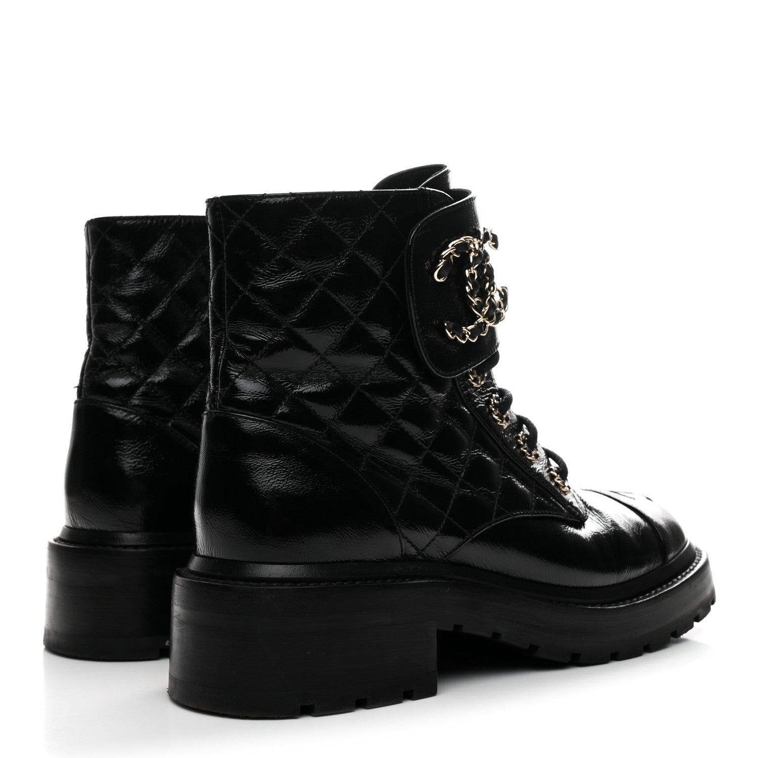 Chanel Shiny Calfskin Quilted Lace Up Combat Boots 36 Black 5 of 9