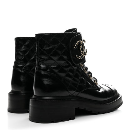 Chanel Shiny Calfskin Quilted Lace Up Combat Boots 36 Black 5 of 9