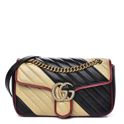 Gucci Vintage Effect Calfskin Matelasse Diagonal Striped Small Torchon GG Marmont Shoulder Bag Black Beige 1 of 9