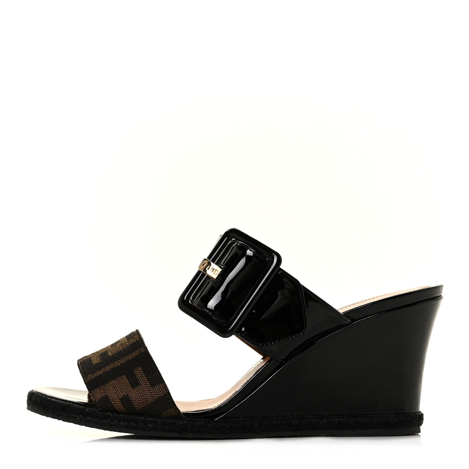 Fendi Zucca Vernice Zeppa Wedge Sandals 37 Tobacco Black 1 of 8