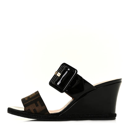 Fendi Zucca Vernice Zeppa Wedge Sandals 37 Tobacco Black 1 of 8
