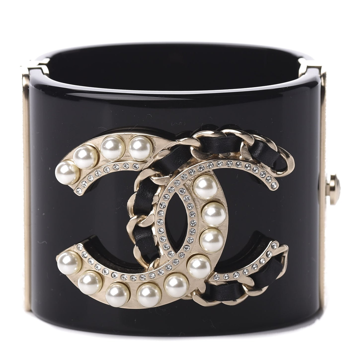 Resin Crystal Pearl Lambskin CC Cuff Black