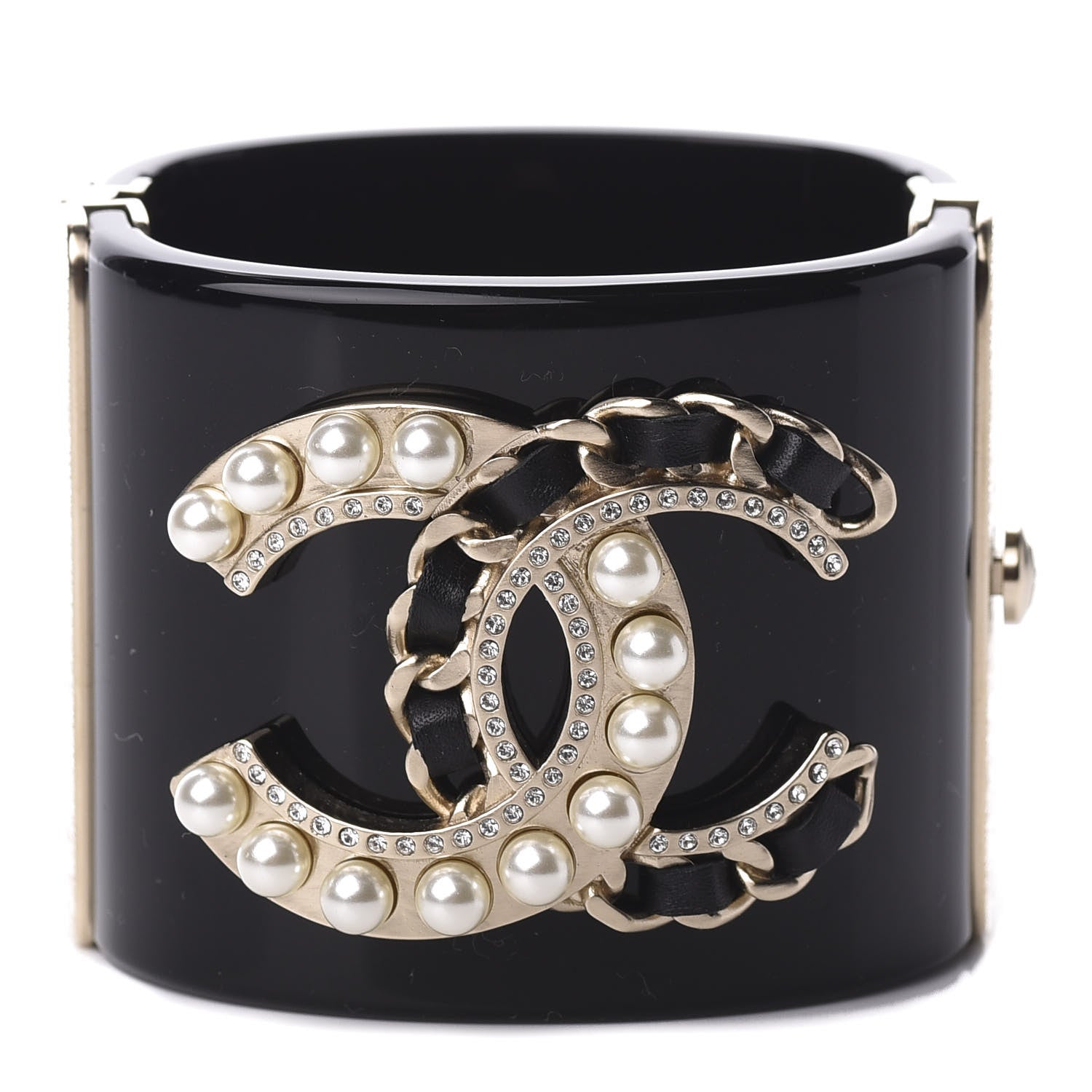 Chanel Resin Crystal Pearl Lambskin CC Cuff Black 1 of 4