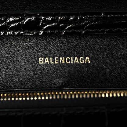 Balenciaga Shiny Calfskin Crocodile Embossed Hourglass Chain Bag Black 6 of 9
