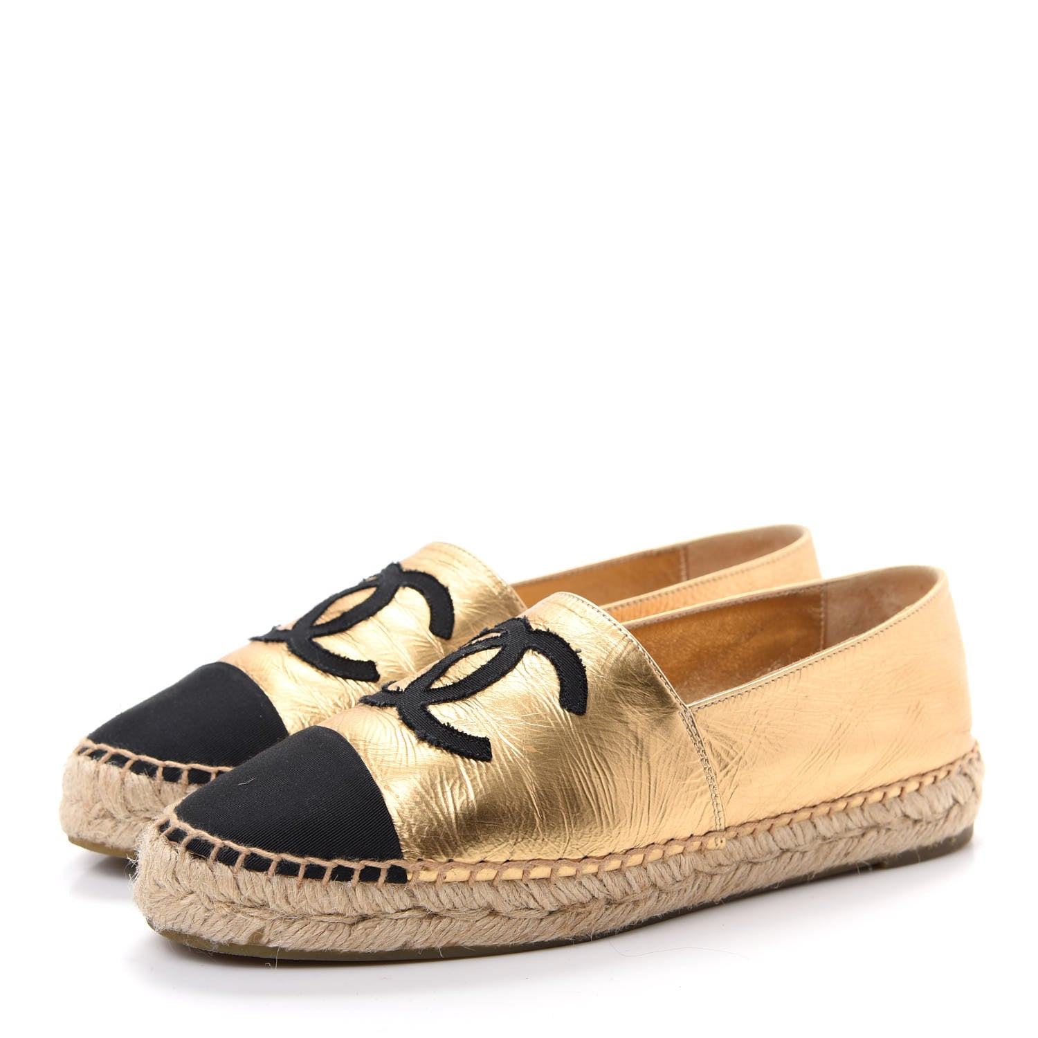 Chanel Laminated Lambskin Grosgrain CC Espadrilles 38 Gold Black 3 of 13