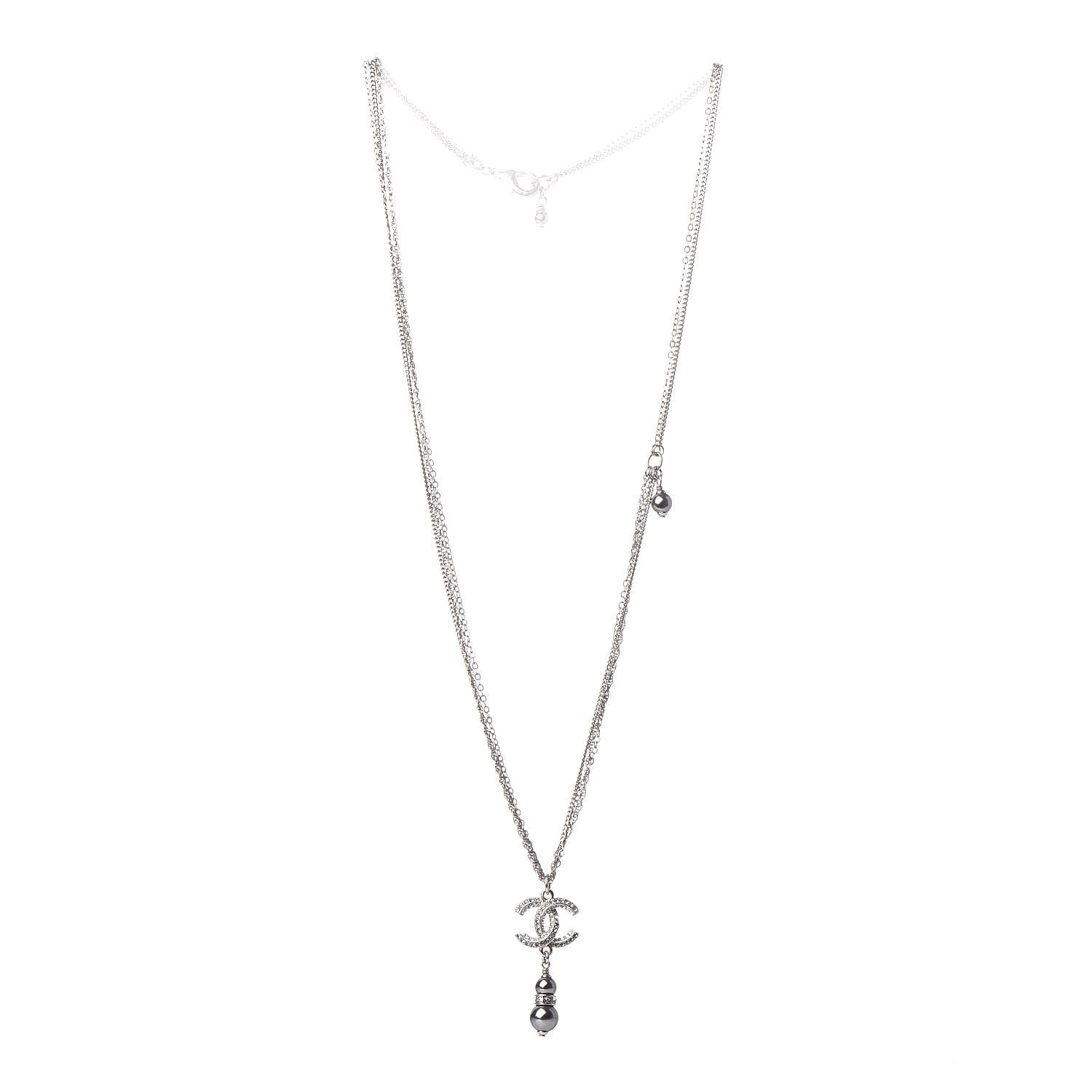 Chanel Pearl Crystal CC Drop Necklace Silver Dark Grey 3 of 6