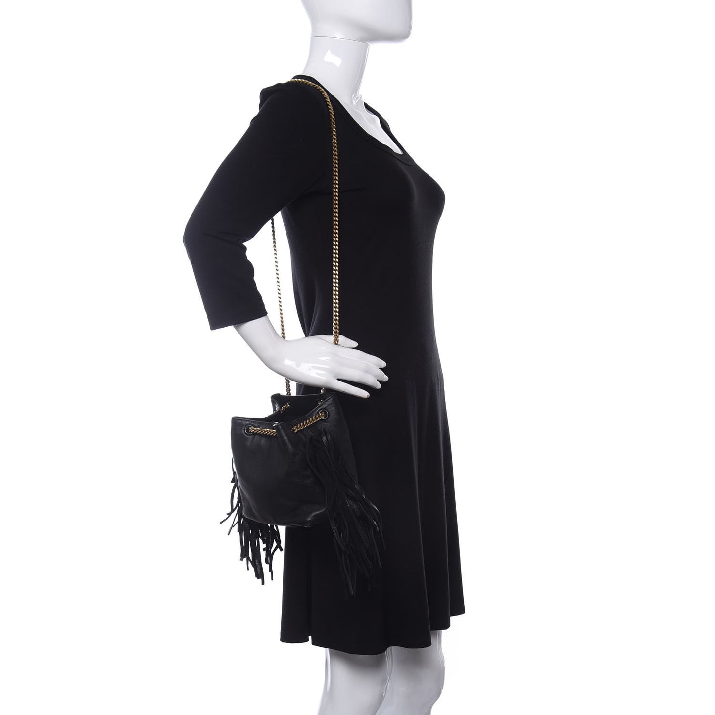 Calfskin Suede Fringe Baby Emmanuelle Bucket Black
