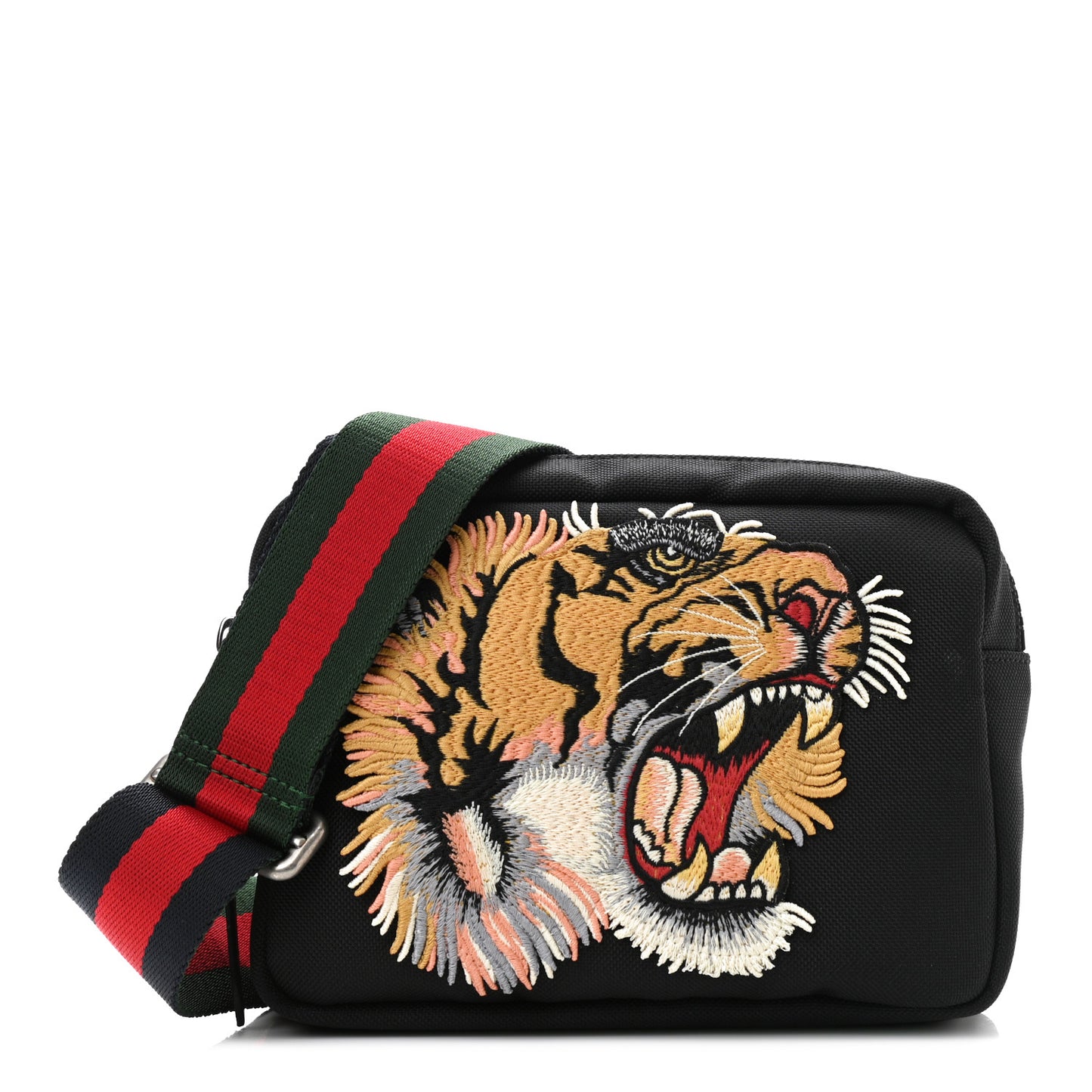 Canvas Web Tiger Embroidered Messenger Bag Black