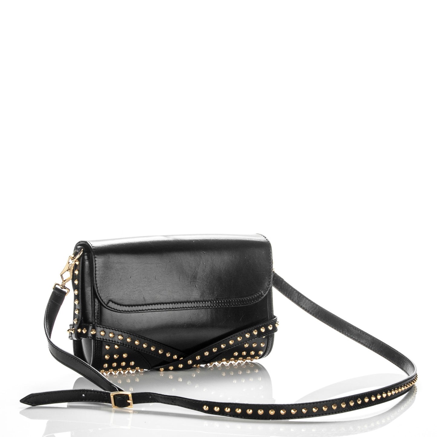 Polished Bridle Calfskin Studded Small Abbott Crossbody Bag Black