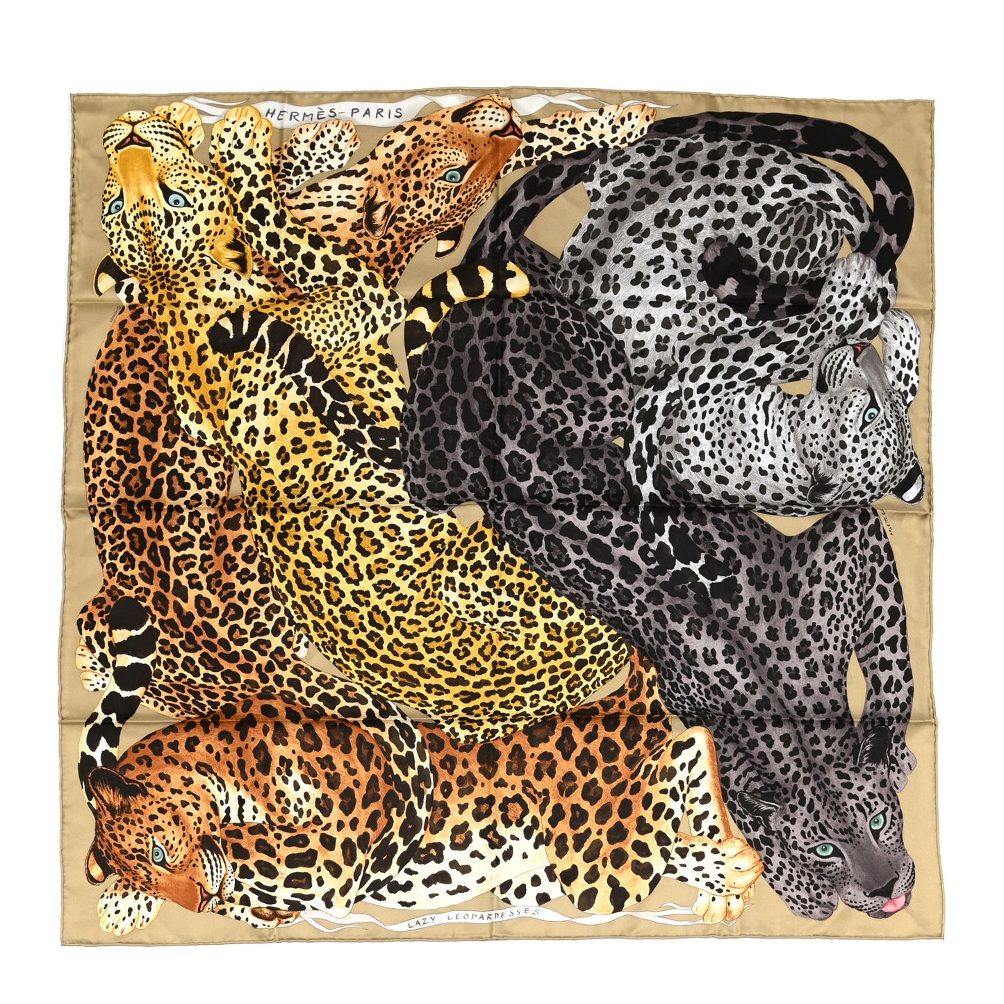 Silk Twill Lazy Leopardesses Scarf 90 Camel Anthracite