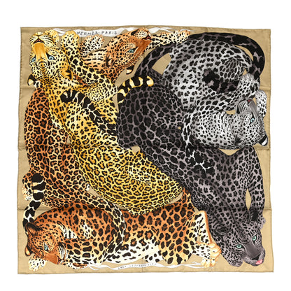 Hermes Silk Twill Lazy Leopardesses Scarf 90 Camel Anthracite 1 of 7