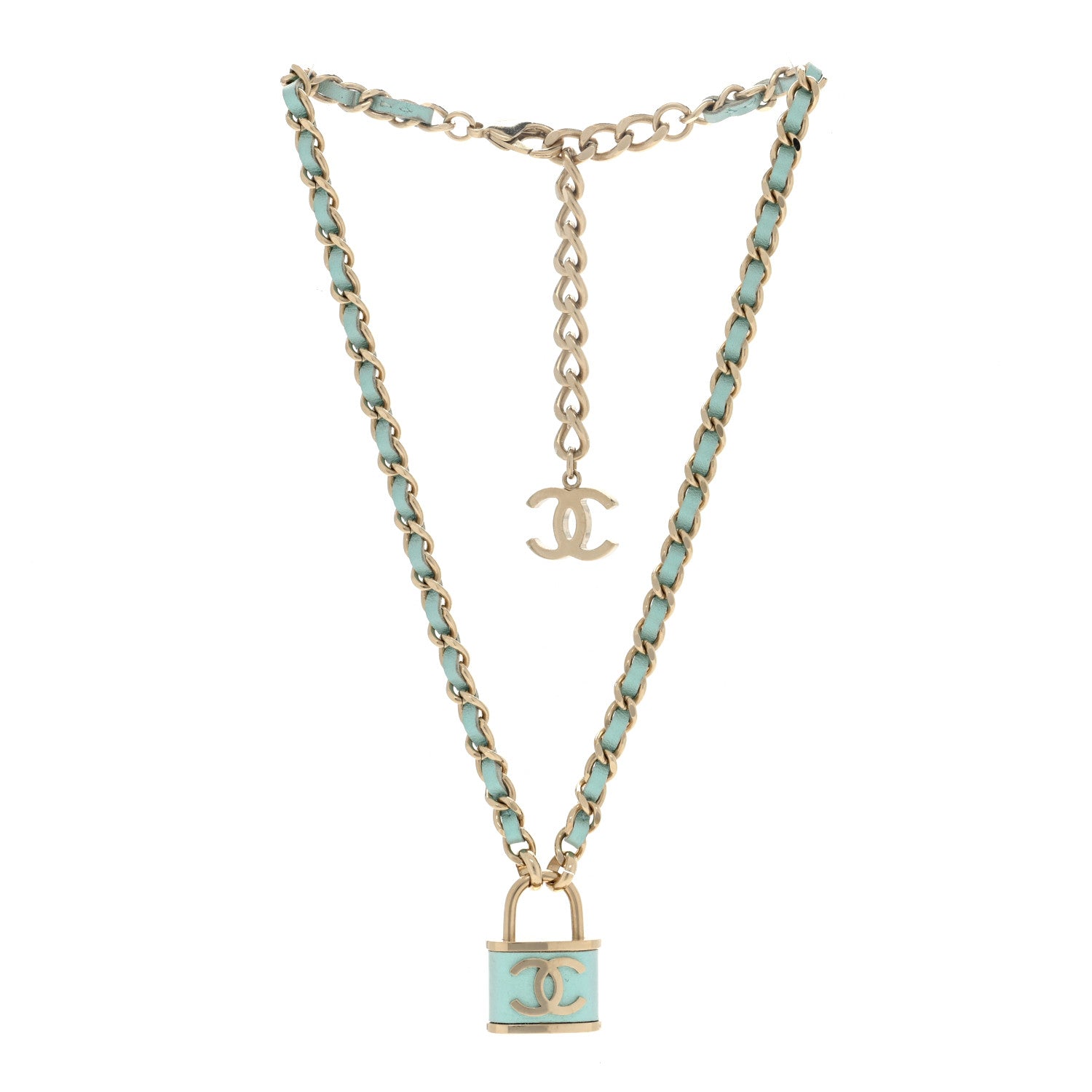 Chanel Metal Lambskin Lock Double Necklace Iridescent Blue 3 of 5