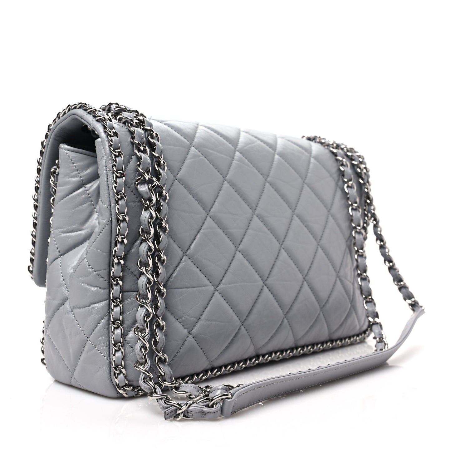 Crumpled Calfskin Large Chain All Over Flap Grey